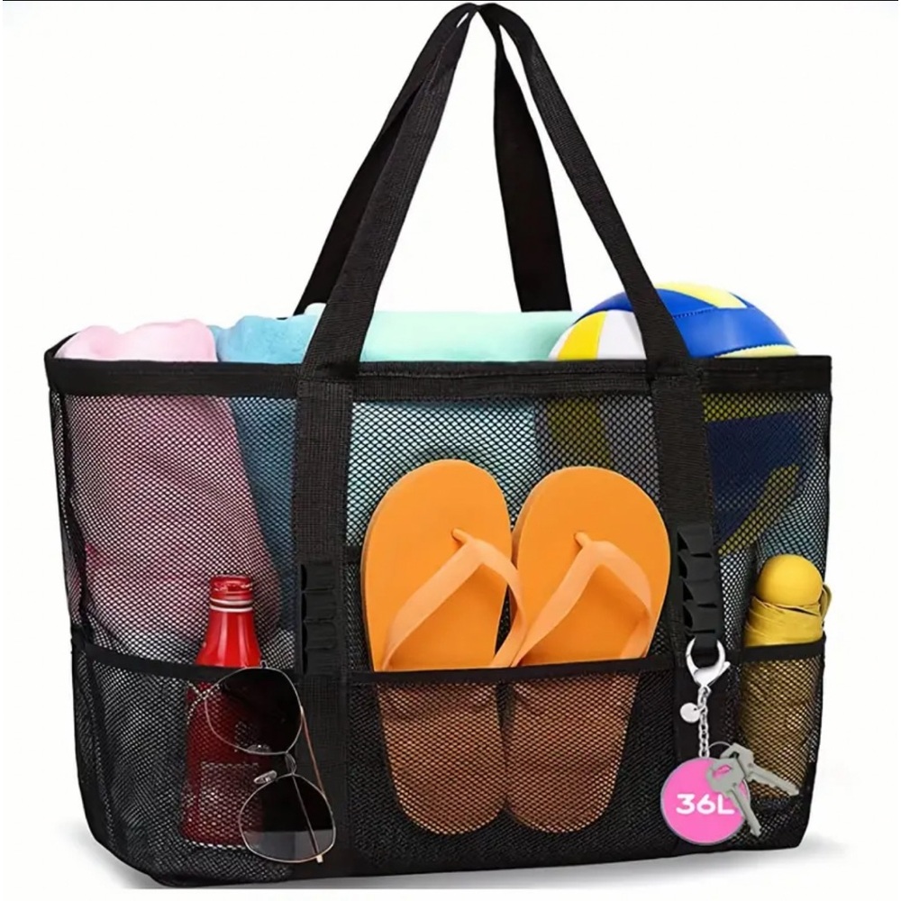 Mesh Oversized Beach Bag Black 9 Pockets Lightweight Tote Bag . NWT